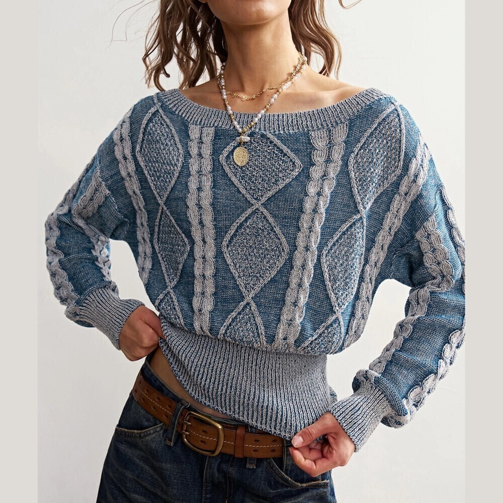 Blue Cable Knit Diamond Pattern Wide Boat Neck Loose Crop Sweater